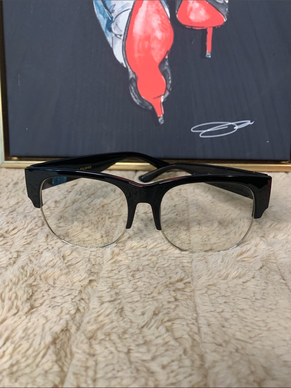 Women’s Semi-Rimless Black Eyeglasses with Subtle Red Trim